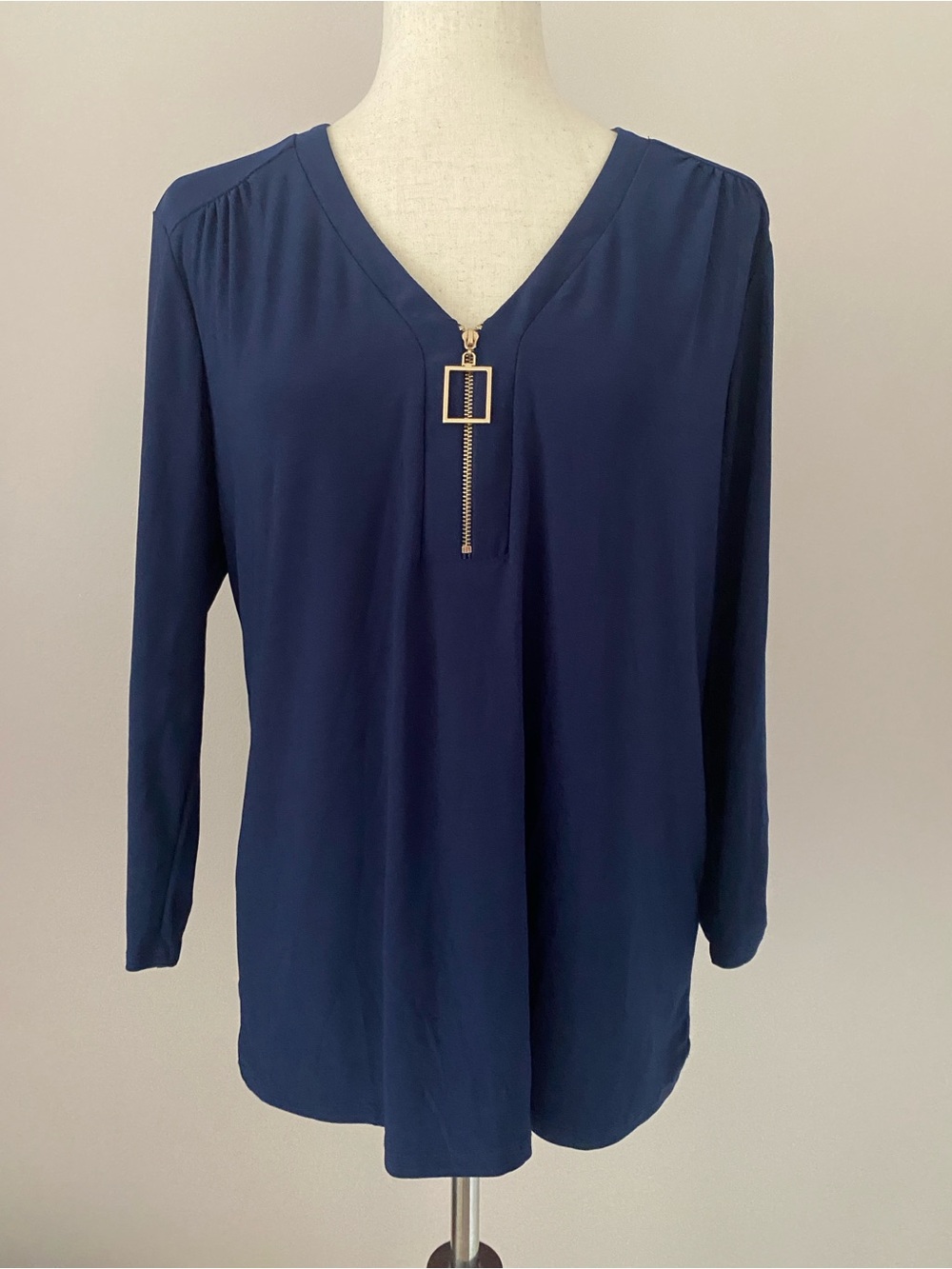Perception Concept Navy V-Neck Long Sleeve Top with Gold Zip Pendant
